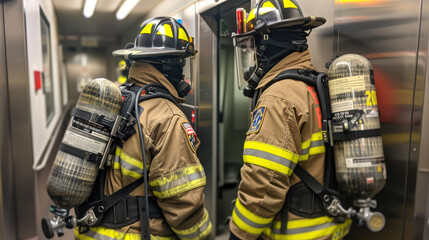 Two firefighters in full gear, including helmets and oxygen tanks, work together in subway station, showcasing teamwork and bravery in emergency situation