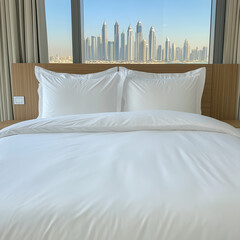 Luxury White Duvet on a Bed with Dubai Skyline in the Background, Modern City View