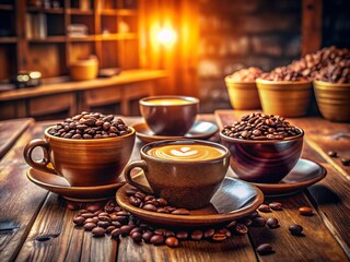 Fototapeta premium Cozy Coffee Shop Scene with Three Cups of Coffee and a Bowl of Coffee Beans in Tilt-Shift Photography, Perfect for Coffee Lovers and Aesthetic Enthusiasts