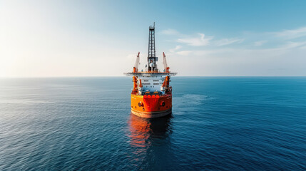 vibrant offshore energy platform stands tall above deep blue sea, surrounded by clear sky. structure is testament to engineering and innovation