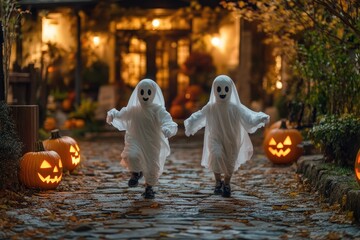 Kids wearing ghost costumes running down a street at night during halloween