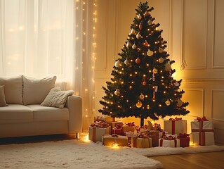 A charming winter living room with a decorated Christmas tree, presents underneath, and soft lighting.