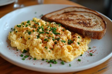 Plate of scrambled eggs with toast and salad for breakfast