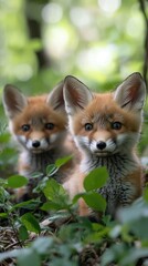 Fototapeta premium Two red fox cubs relaxing in the forest