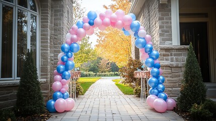 Festive balloon archway welcoming guests to a celebration event