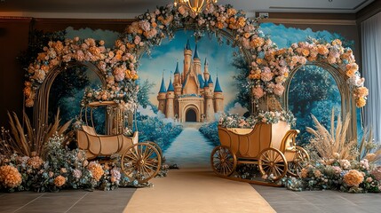Whimsical floral carriage display for a dreamy castle backdrop