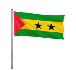 Flag of São Tomé and Príncipe waving in the wind on a silver pole, isolated on transparent
