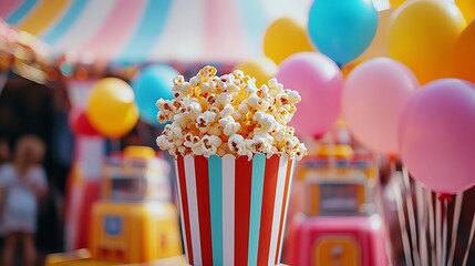 Delicious popcorn stand surrounded by colorful balloons at a festival