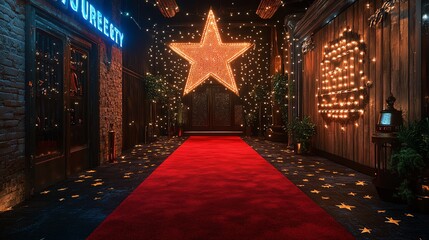 Glamorous red carpet entrance with star decor and twinkling lights