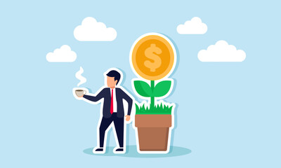A businessman stands next to a dollar coin plant with his warm coffee, illustration of enjoying the results of growing and developing business investments