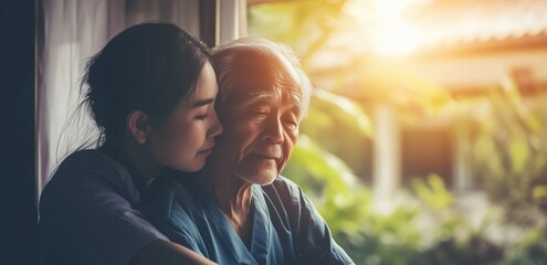 Asian elderly man with caregiver, daugther or nurse hug. Close up. World Alzheimer's Day, International Day of Older Persons