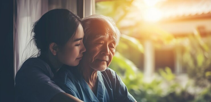 Asian elderly man with caregiver, daugther or nurse hug. Close up. World Alzheimer's Day, International Day of Older Persons - Powered by Adobe