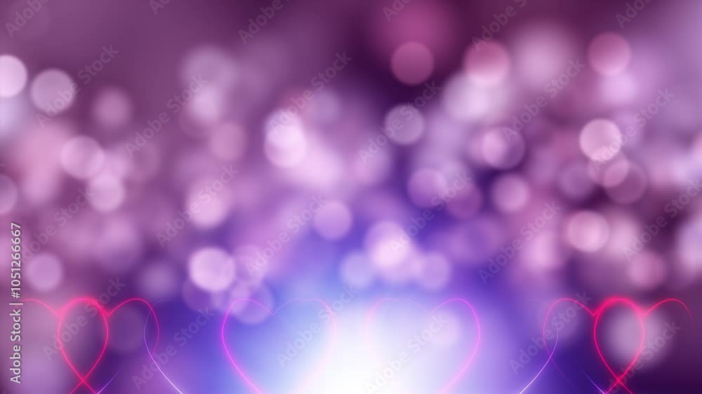 Poster glow violet glowing hearts streaks with bokeh shining copy space loop background.