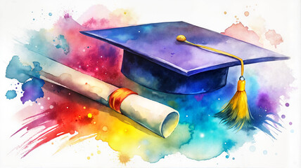 Graduation Cap and Diploma with Colorful Background