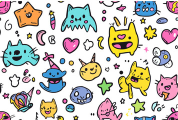 Naklejka premium cute bright childish doodle style seamless cartoon vector illustration wallpaper