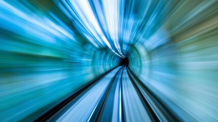 Abstract image depicting a dizzying journey into a futuristic mag-lev train tunnel carrying the passengers between cities at extreme velocity