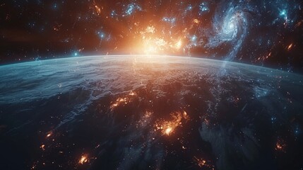 A view of an alien planet with glowing lights and a swirling galaxy in the distance. AI generative.