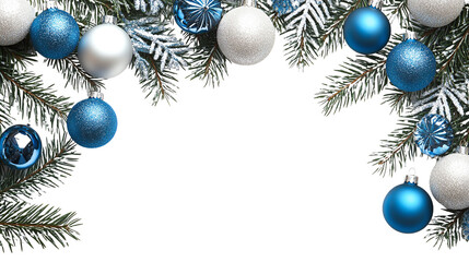 Festive blue and silver Christmas ornaments hang among evergreen branches, creating cheerful holiday atmosphere. Perfect for seasonal decorations and celebrations