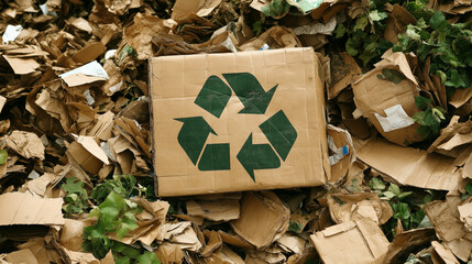A pile of assorted paper and cardboard materials marked with the universal recycling symbol, set against a neutral background to promote environmental conservation and sustainable practices. 