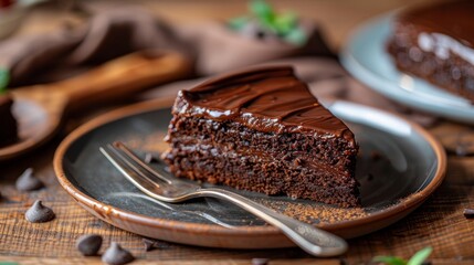 A piece of chocolate cake with a fork on a plate. AI generative.