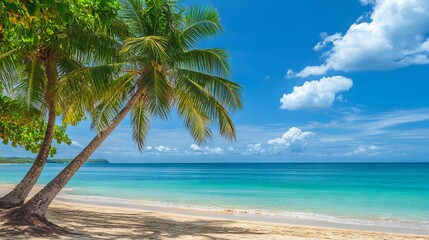 Scenic caribbean beach with palm trees and clear turquoise waters on jamaica island, perfect tropical destination for relaxation and adventure