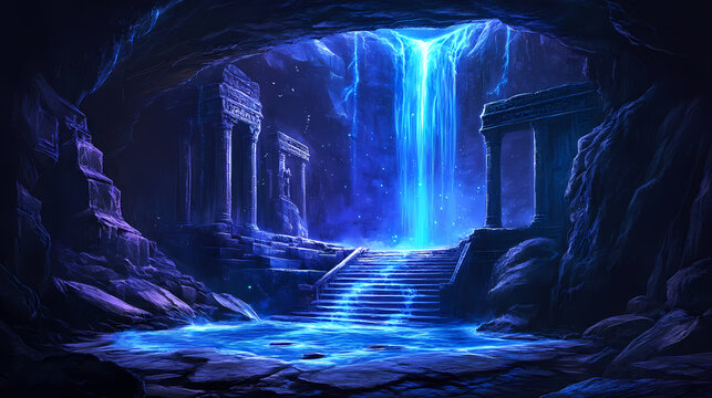Ancient temple ruins in a mysterious underground cavern with glowing blue waterfalls. Underworld Cavern. Illustration
