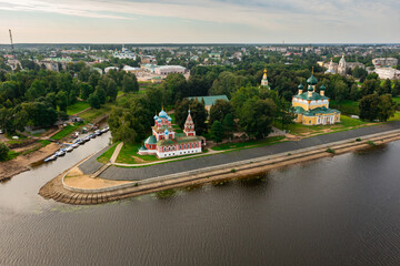 Drone view of the Volga River and temples, as well as residential areas in the city of Uglich in...