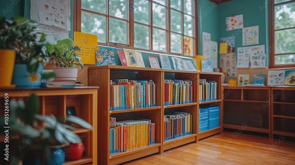 Poster wooden bookshelf filled with colorful books in a classroom setting