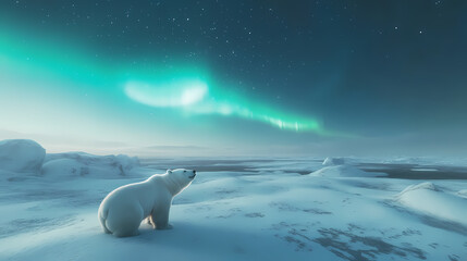 Fototapeta premium Arctic tundra: a stark arctic tundra scene with vast expanses of snow-covered plains, polar bears, and a shimmering aurora borealis overhead. Snowy Tundra. Illustration
