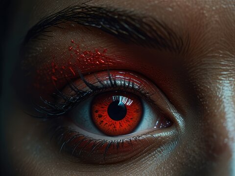 Fierce scary red eyes on a dark textured face. Demonic eyes. Concept of Halloween, horror, evil spirits, supernatural beings, demon