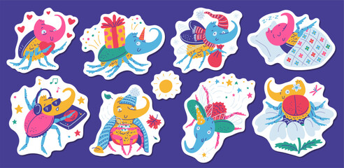 Naklejka premium Vector stickers with horned rhinoceros beetles in a New Year's hat, gift, with hearts,
