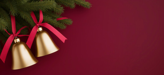 Eleganter Banner f&uuml;r Weihnachten mit zwei goldenen Glocken, dekoriert mit roten Schleifen und Tannenzweigen auf rotem Hintergrund mit Platz f&uuml;r Text, Gru&szlig;karten und Weihnachtsdekoration