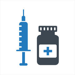 Coronavirus vaccine icon. Syringe and bottle of medicine icon
