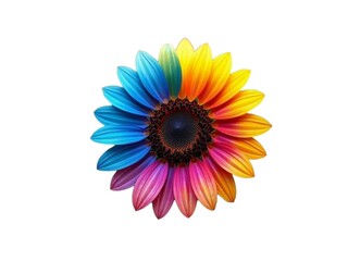 In the picture is a picture of a sunflower in one flower with many colors, yellow, blue, pink in one flower, it is a beautiful color combination of flowers, used for decoration and used as decoration,