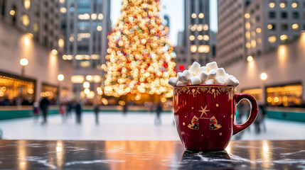 Holiday Mug with Hot Cocoa and Marshmallows in Front of Christmas Tree in Festive City Square