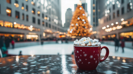 Holiday Mug with Hot Cocoa and Marshmallows in Front of Christmas Tree in Festive City Square