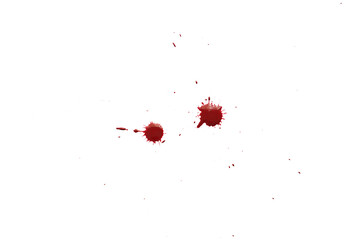 Blood splatters on white background. Red blots of watercolor Realistic bloody splatters for...