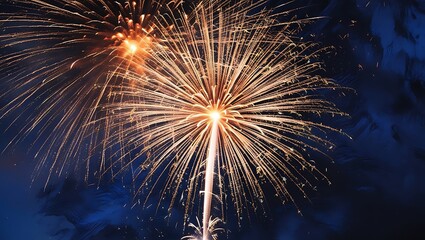 This high-resolution, close-up photograph captures the breathtaking beauty of a single firework exploding in a midnight-blue sky. The intricate details of the shimmering trails.
