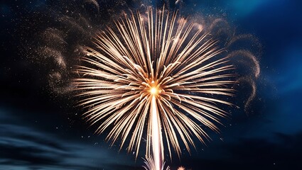 This high-resolution, close-up photograph captures the breathtaking beauty of a single firework exploding in a midnight-blue sky. The intricate details of the shimmering trails.