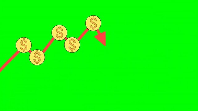 A red arrow pointing down with gold dollar signs on a green screen. This animated graphic can be used to illustrate declining stock prices, falling profits, or a drop in the value of currency. 4K