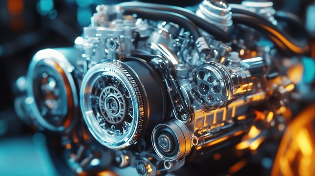 Car Engine - High-resolution image of a powerful car engine with intricate details and parts on a clean background, capturing the complexity and performance of modern automotive engineering.