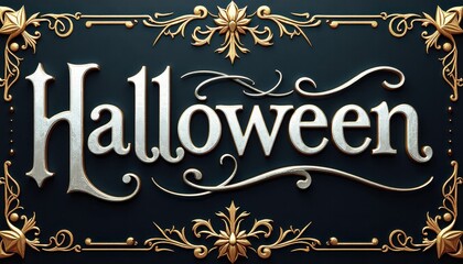 Elegant Halloween Greeting Card Featuring Dark Gothic Fonts Silver Gold Embellishments and Spooky Elements for a Classic Look.