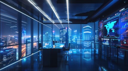 Futuristic Office with City Skyline View