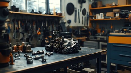 Custom Engine Fabrication - Image of custom-made engine parts on a workshop bench, emphasizing bespoke craftsmanship and precision.