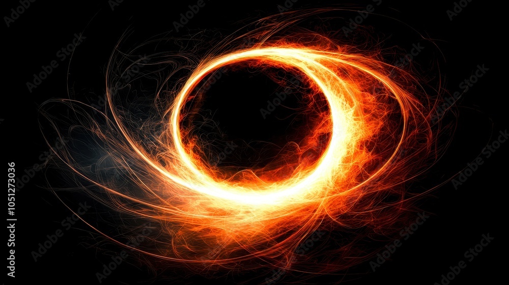 Poster energetic swirl of flames creating a circular design on a black background.