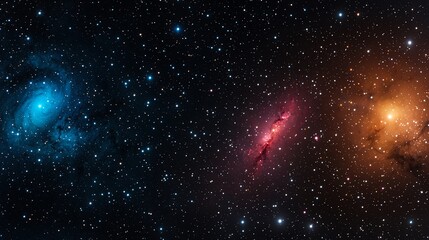 Fototapeta premium A stunning view of deep space featuring vibrant nebulae in blue, red, and orange amidst a backdrop of countless stars.