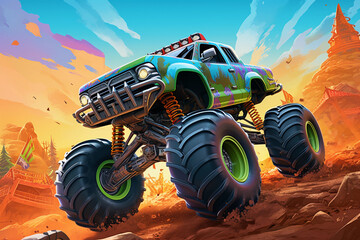 Illustrations of Milo's Monster Truck Rally with Animated Monster Trucks Performing Stunts in a Vibrant Arena – Generative AI