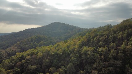 Lush green forest covering rolling hills under cloudy sky in Chiang Mai Thailand