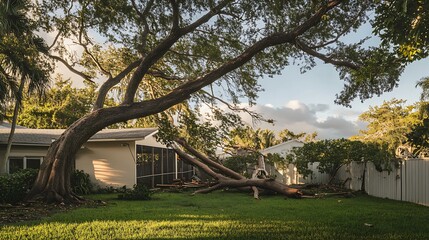 A large tree uprooted and fallen across a backyard in Florida, damaging the fence and lying near a house after a tropical storm; scattered branches and debris surround the scene