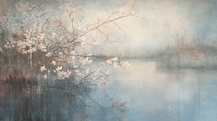 Tranquil Lake with Blooming Tree: A Serene Landscape Painting